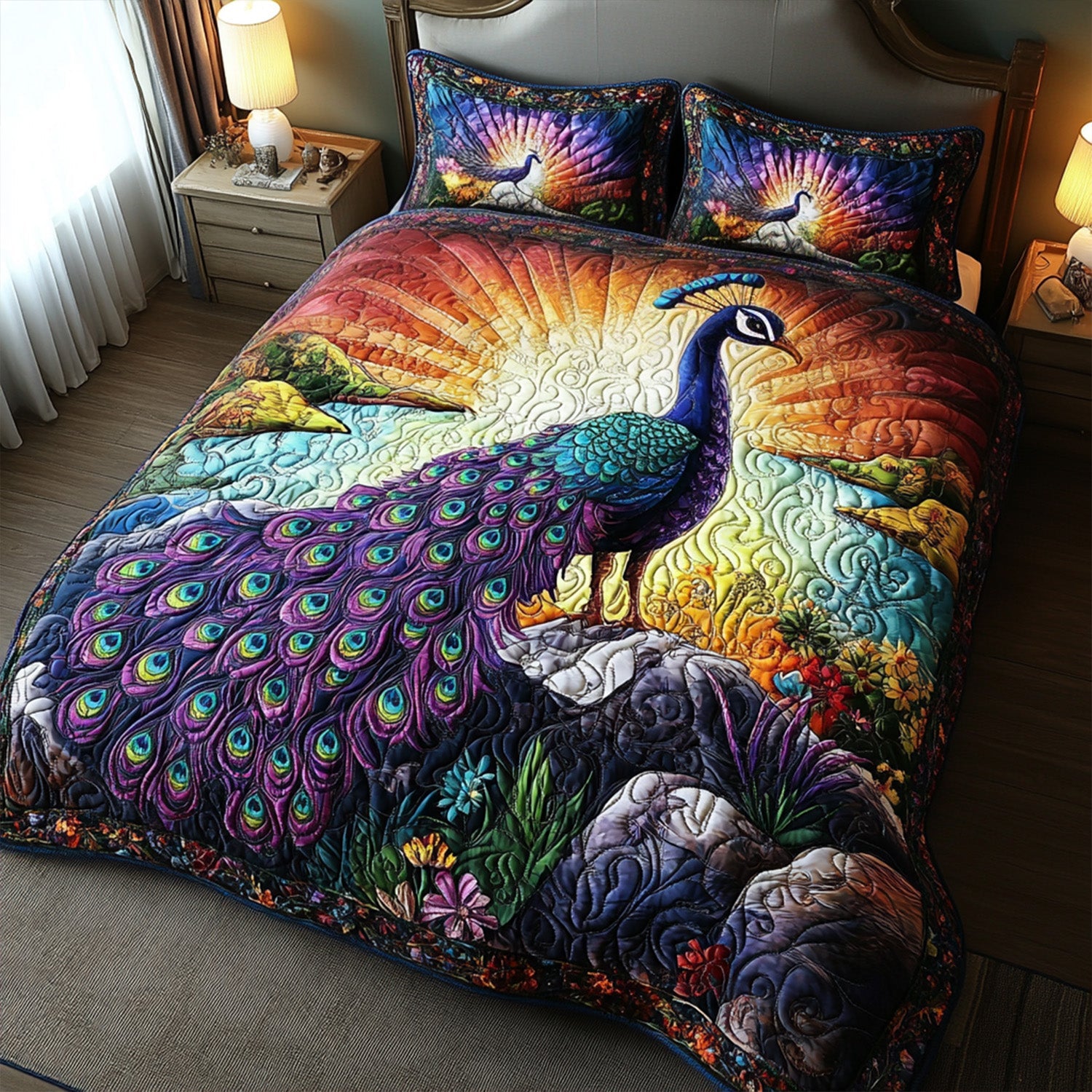 Vibrant Plume Meadows Quilted Bedding Set Best Bedspread Set Peacock Merchandise Gifts