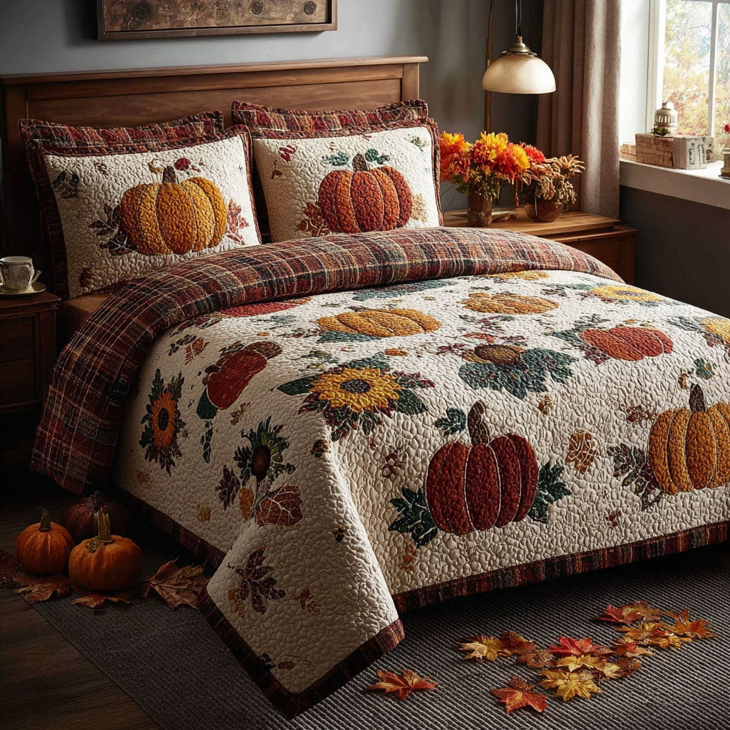 Vibrant Pumpkin Patch Quilted Bedding Set Bed Decorations Cute Fall Gifts For Girlfriend
