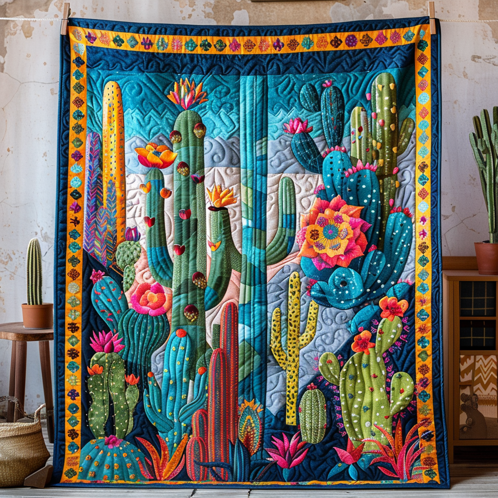 Vibrant Succulent Cactus Quilted Blanket Gift For Cactus Lover