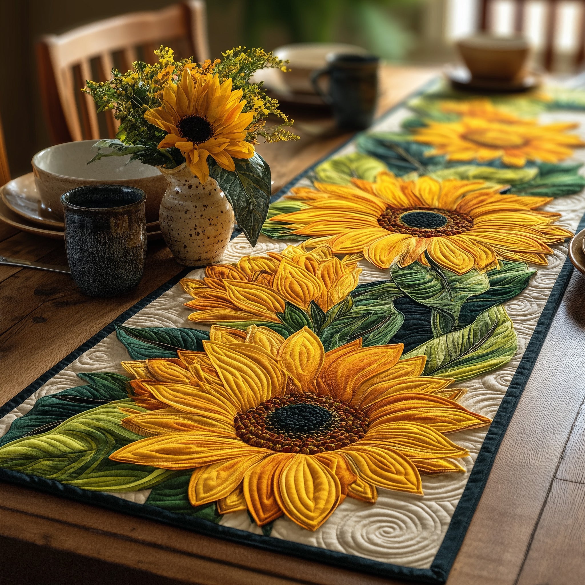 Vibrant Sunflower Quilted Table Runner Holiday Dinner Table Runner