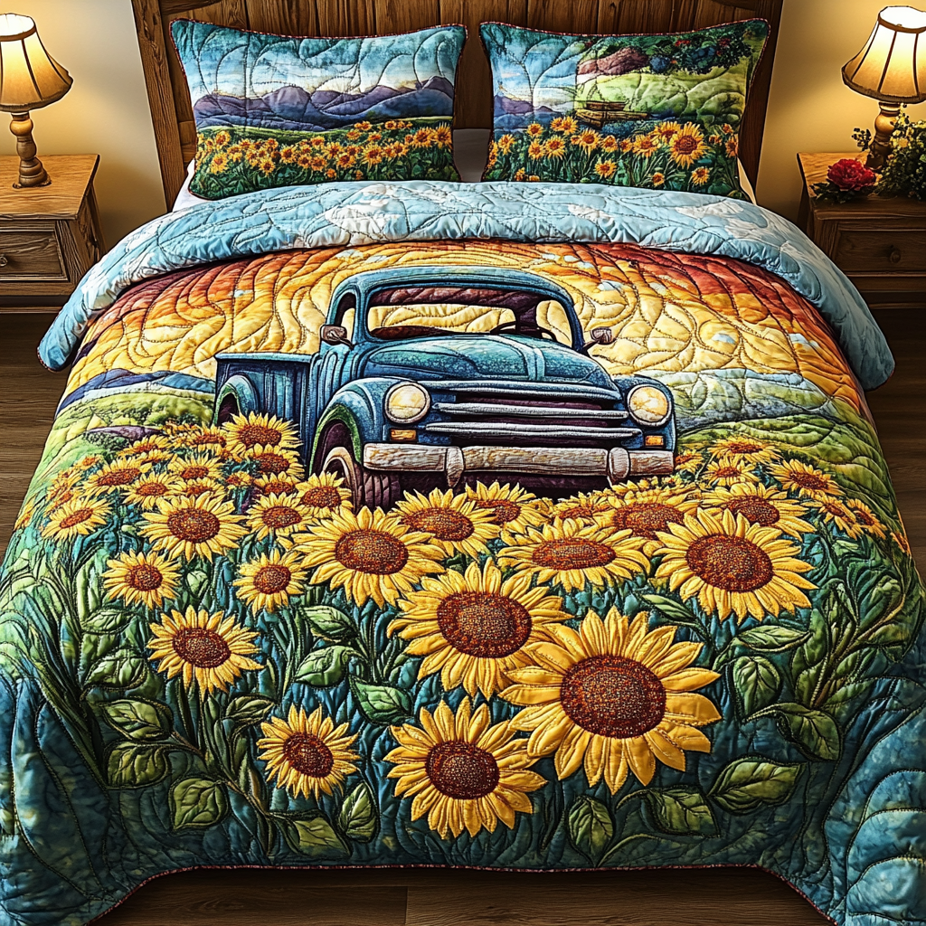 Vibrant Truck Quilted Bedding Set Cute Room Decor Sunflower Gift Items