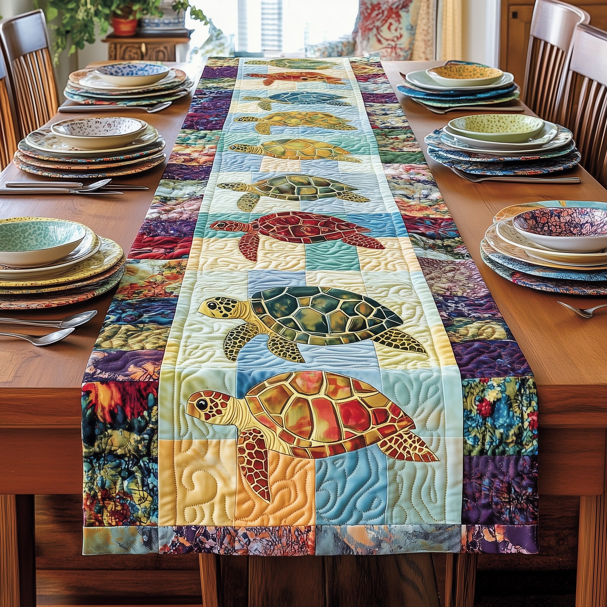 Vibrant Turtle Patchwork Quilted Table Runner Christmas Table Runner for Dining Room