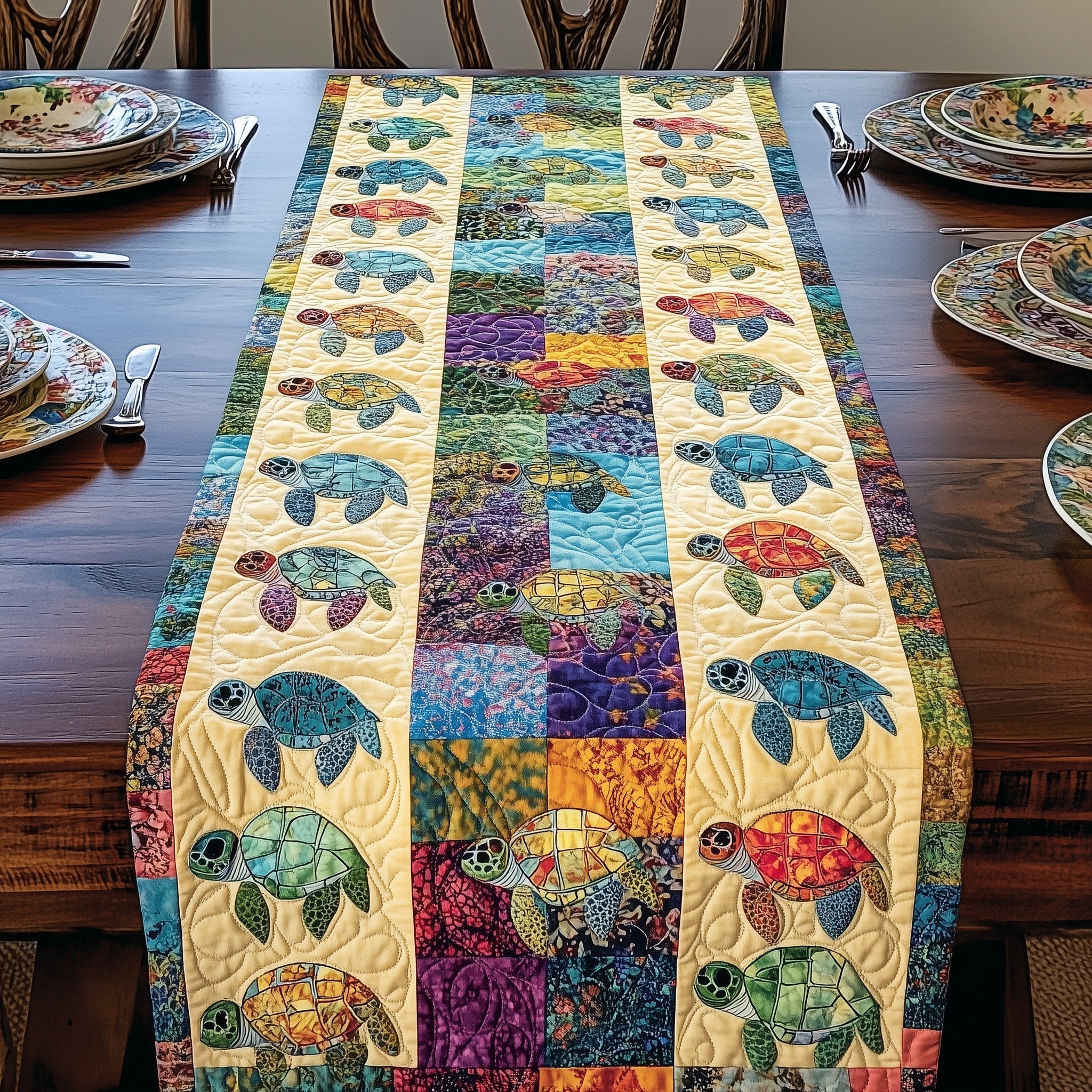 Vibrant Turtle Patchwork Quilted Table Runner Christmas Theme Table Runner
