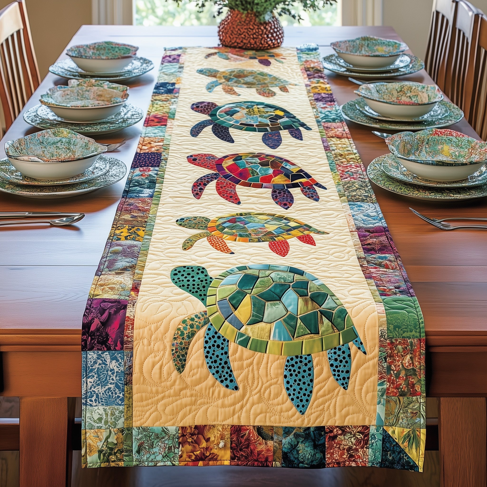 Vibrant Turtle Patchwork Quilted Table Runner Elegant Christmas Table Runner