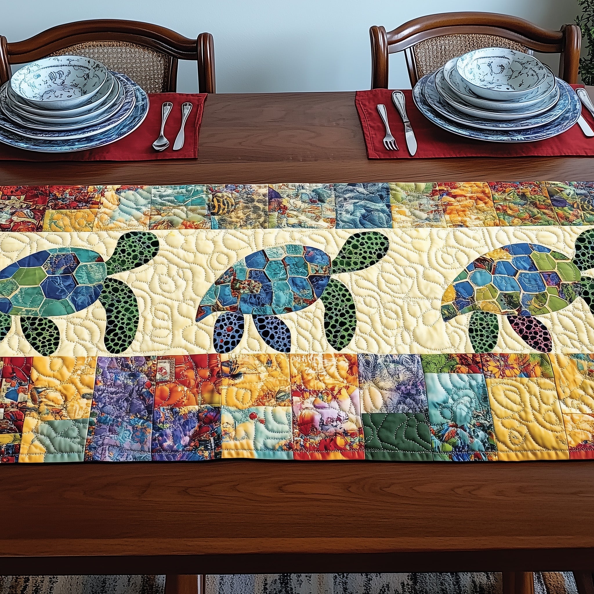 Vibrant Turtle Patchwork Quilted Table Runner Festive Holiday Table Runner Decor