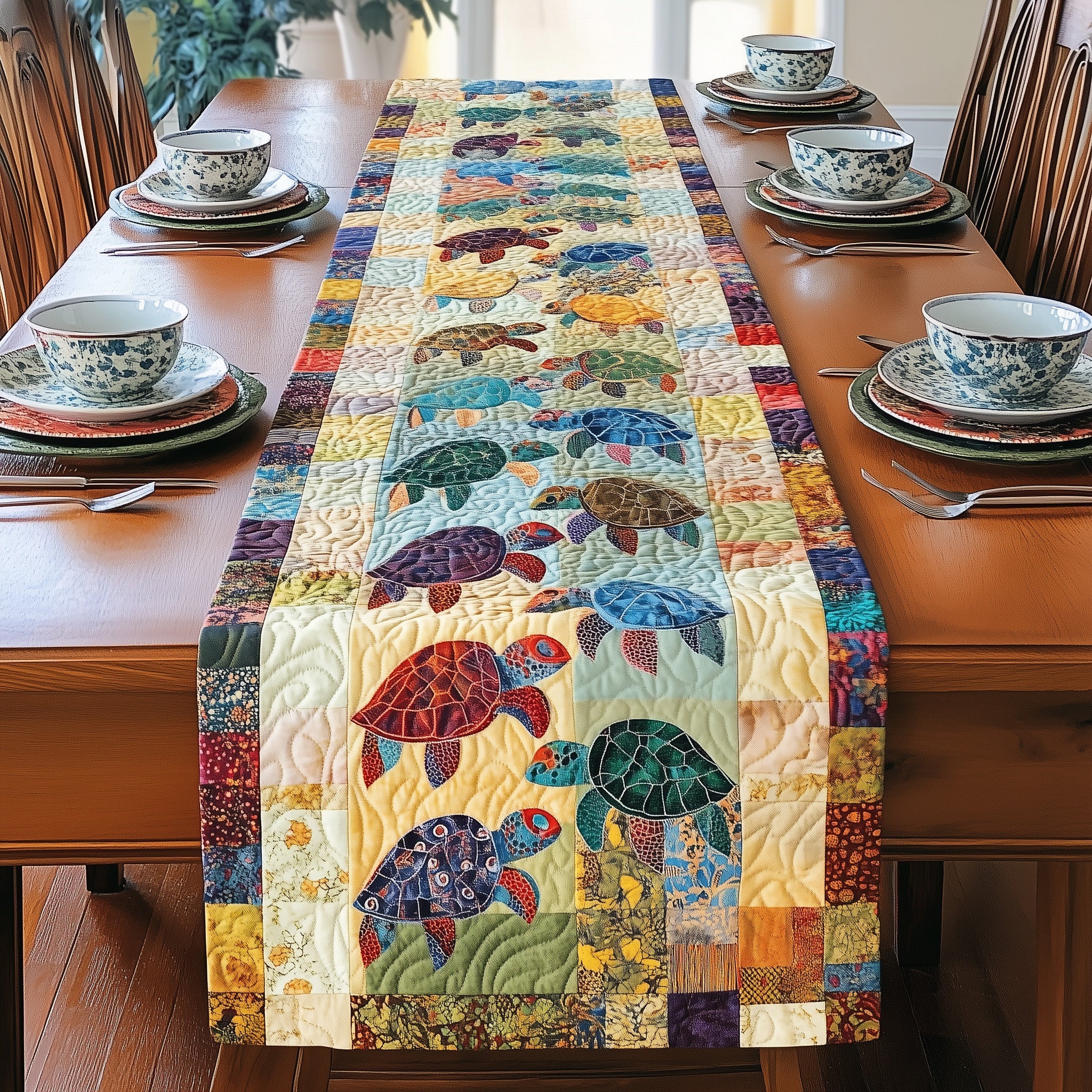 Vibrant Turtle Patchwork Quilted Table Runner Table Runner for Christmas Decor