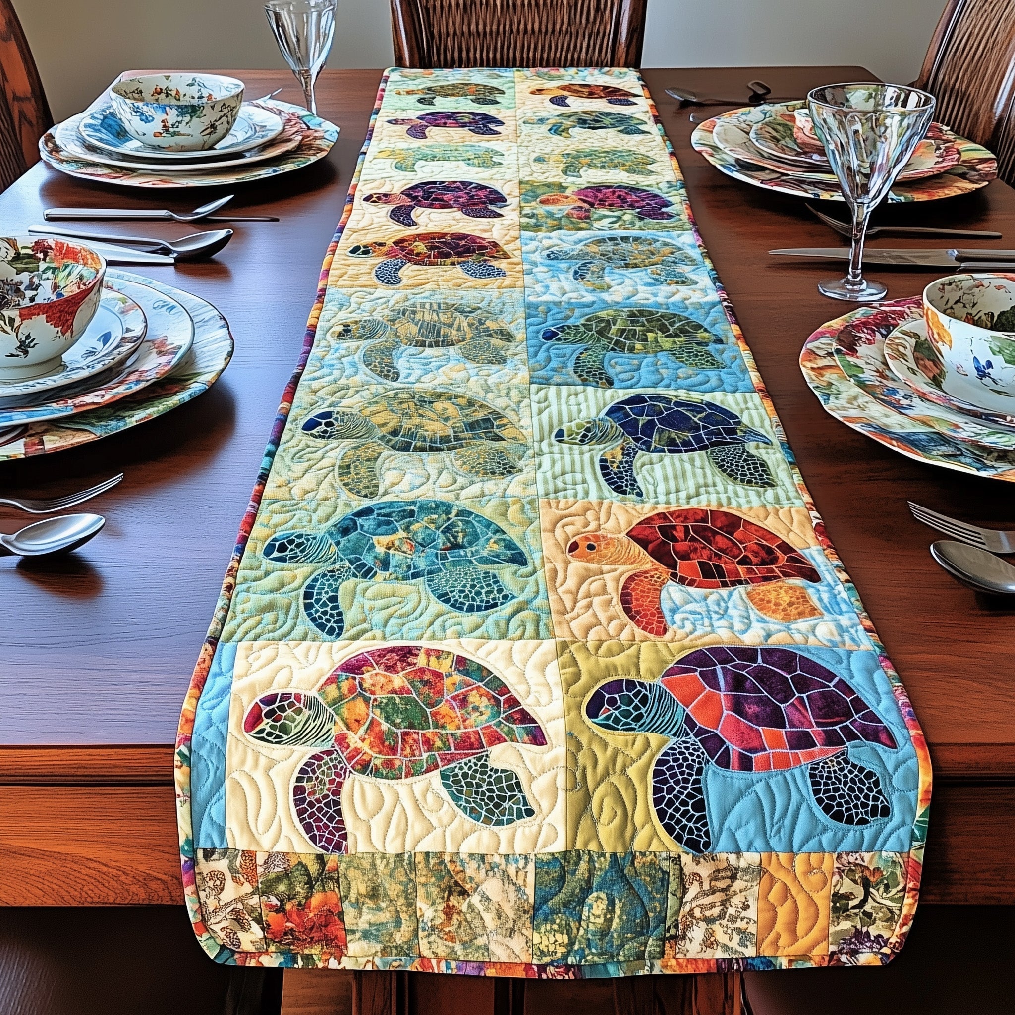 Vibrant Turtle Patchwork Quilted Table Runner Winter Table Runner