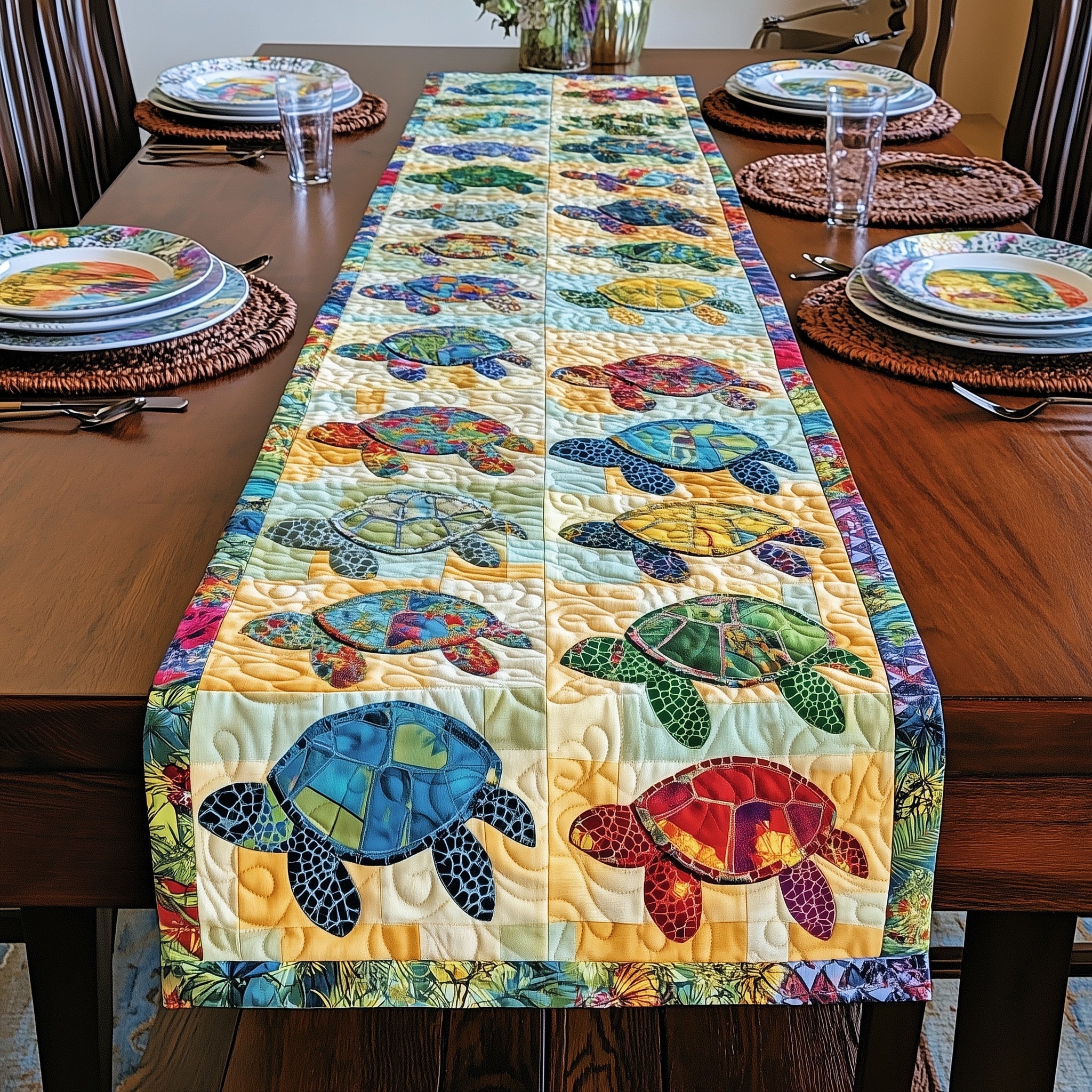 Vibrant Turtle Patchwork Quilted Table Runner Xmas Table Runner for Family Gatherings