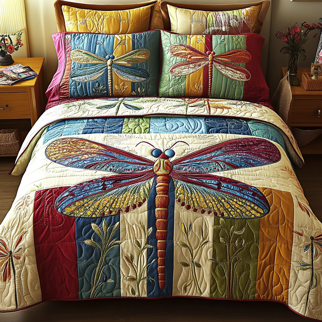 Vibrant Wings Quilted Bedding Set Aesthetic Room Decor Cute Dragonfly Lover Ideas For Gifts
