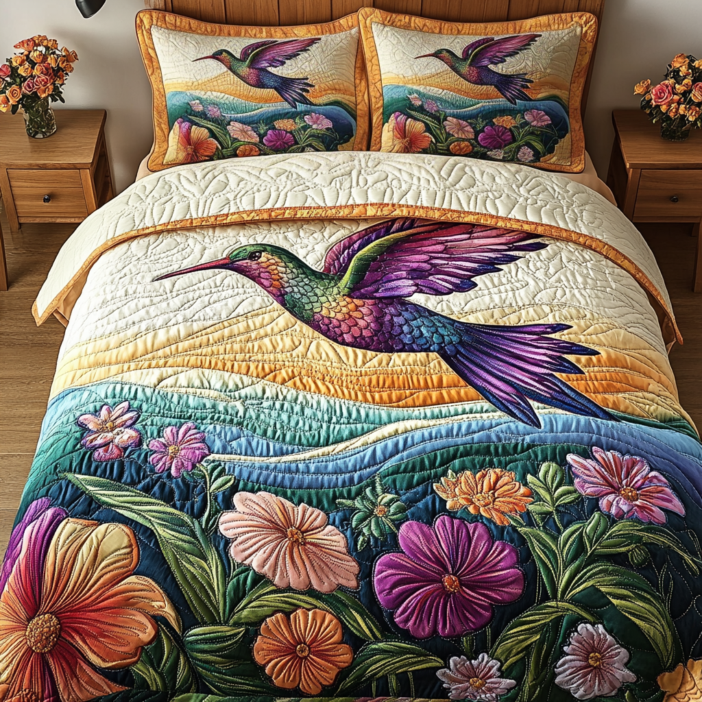 Vibrant Wings Quilted Bedding Set Best Bedspread Set Birthday Presents For Hummingbird Lovers