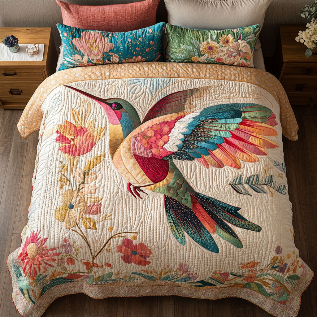 Vibrant Wings Quilted Bedding Set Xmas Holiday Duvet Cover Set Gifts For Hummingbird Lovers