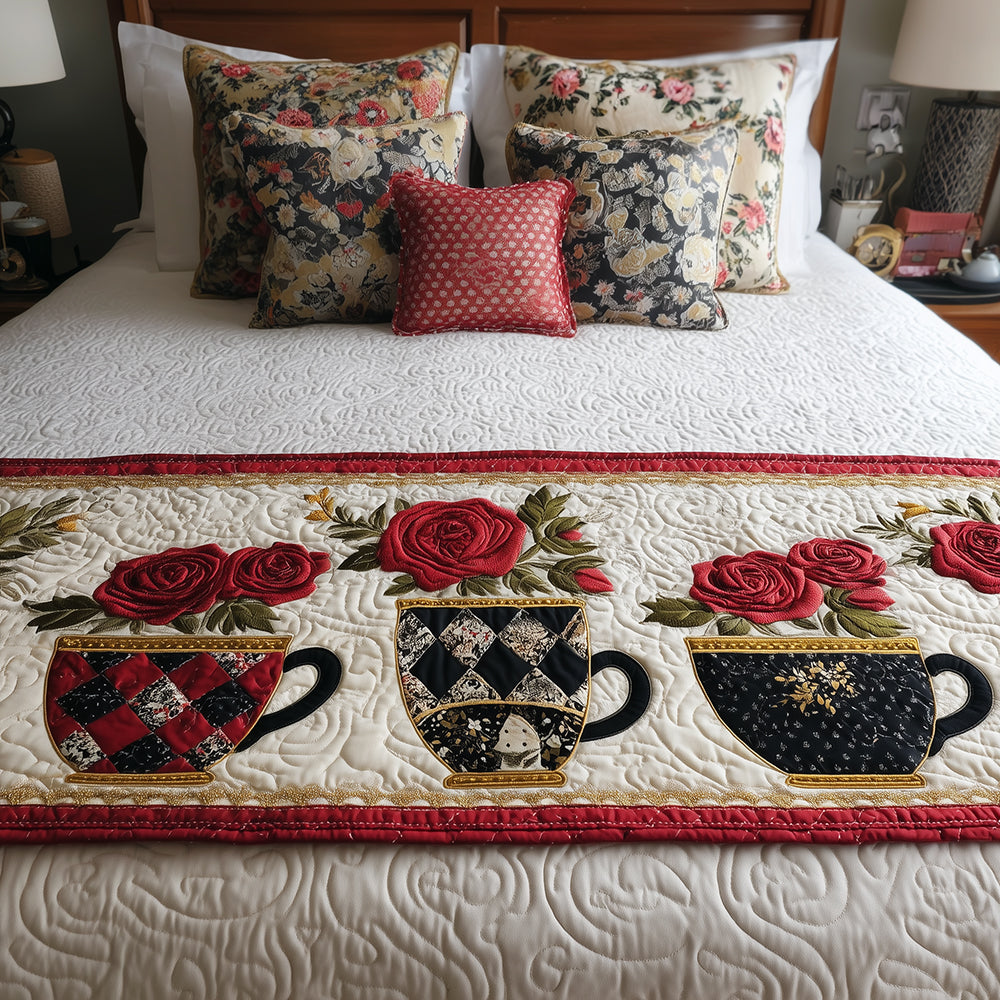 Victorian Sipscape Quilted Bed Runner Cozy Bedroom Decor Holiday Tea Gifts