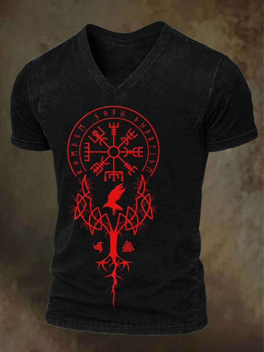 Viking Rune Raven V-Neck Shirt Norse Mythology Yggdrasil Tree Of Life Tee Pagan Gifts