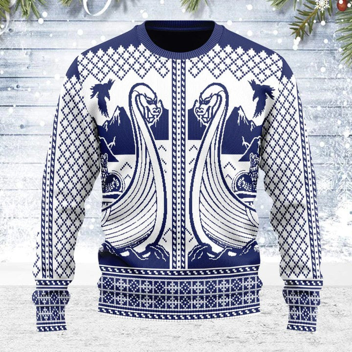 Viking Ship Nordic Ugly Christmas Jumper Norse Mythology Sweater Scandinavian Winter Gift