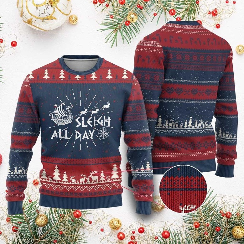 Viking Sleigh All Day Ugly Christmas Sweater Funny Longships Xmas Sweater Gifts For Him
