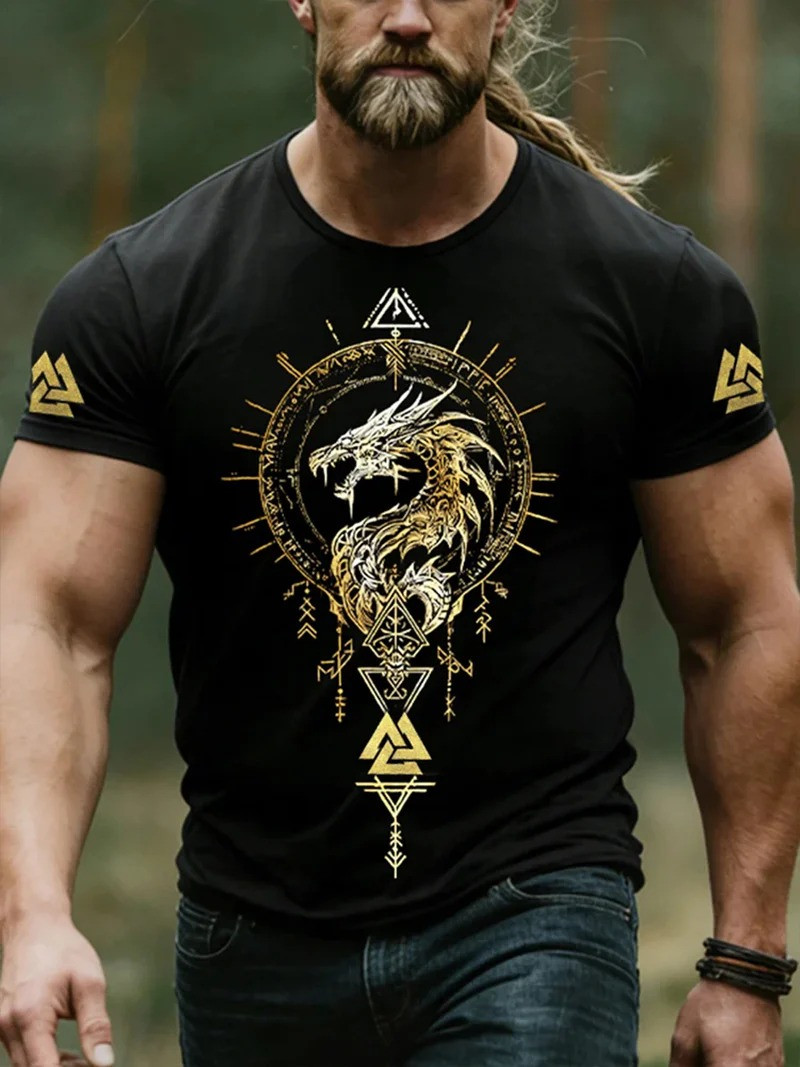 Viking Style Dragon Valknut T-Shirt Valhalla Norse Mythology Fan Gear Best Gift For Viking Lovers