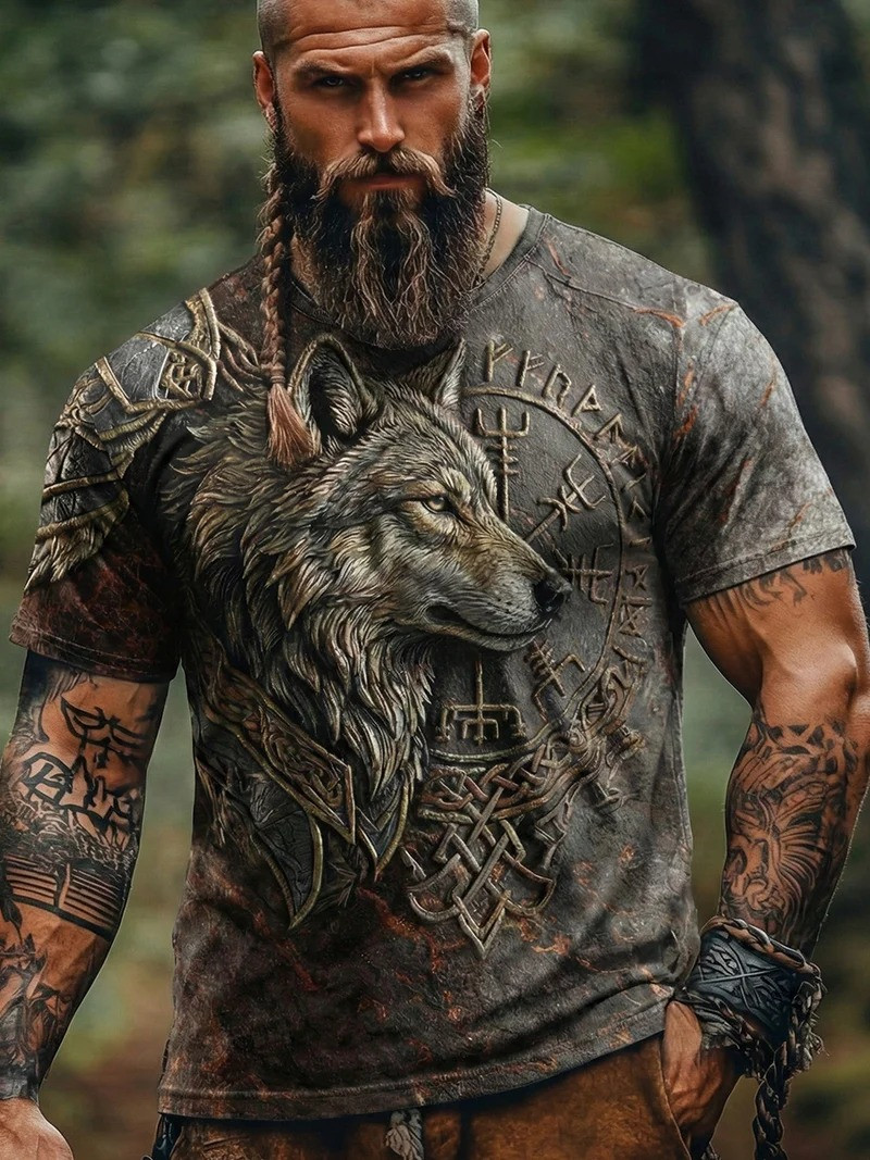 Viking Style Wolf Runes T-Shirt Valhalla Norse Mythology Warrior Apparel Best Gift For Dad
