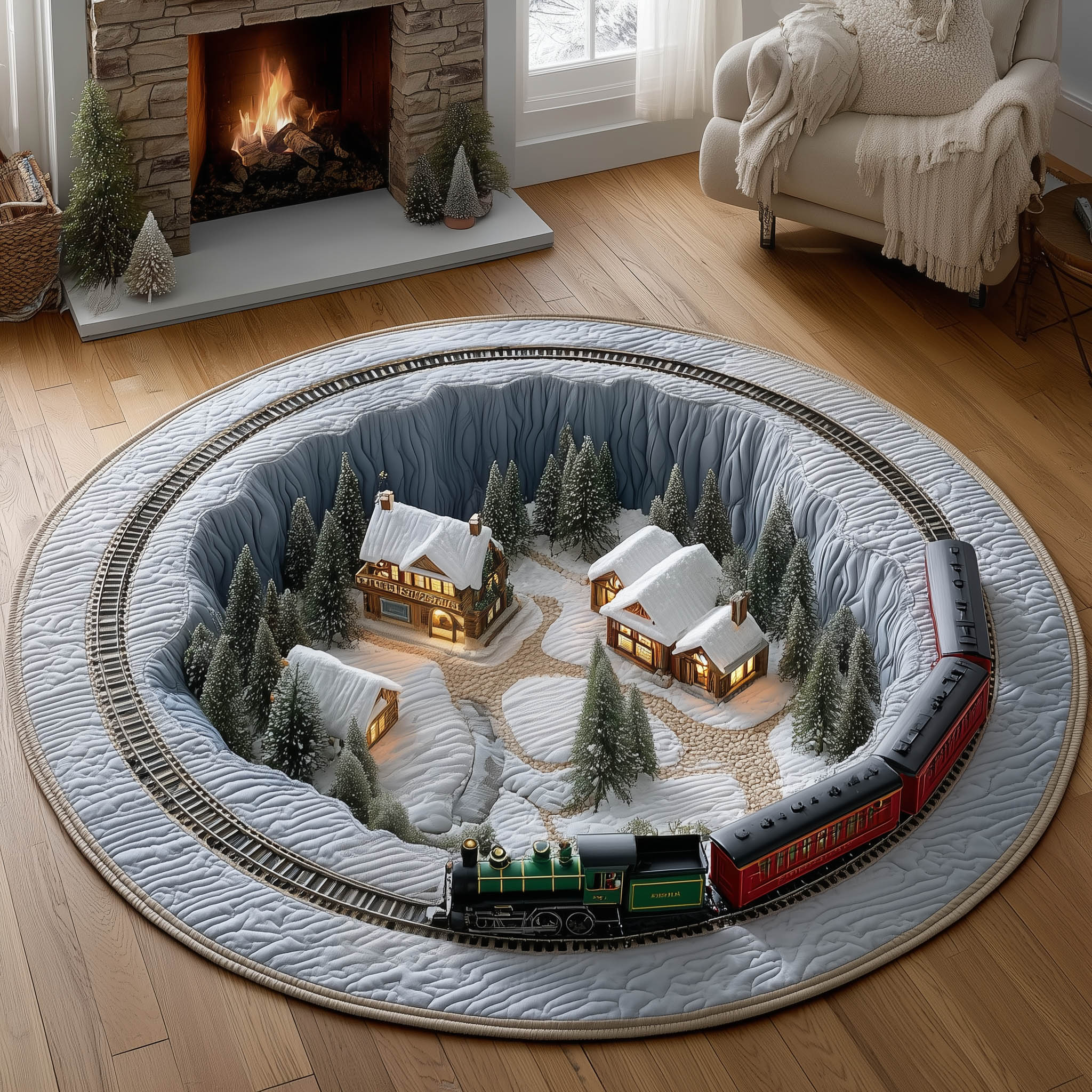 Village Station Quilted Round Mat Perfect Home Accessory Quilted Round Mat