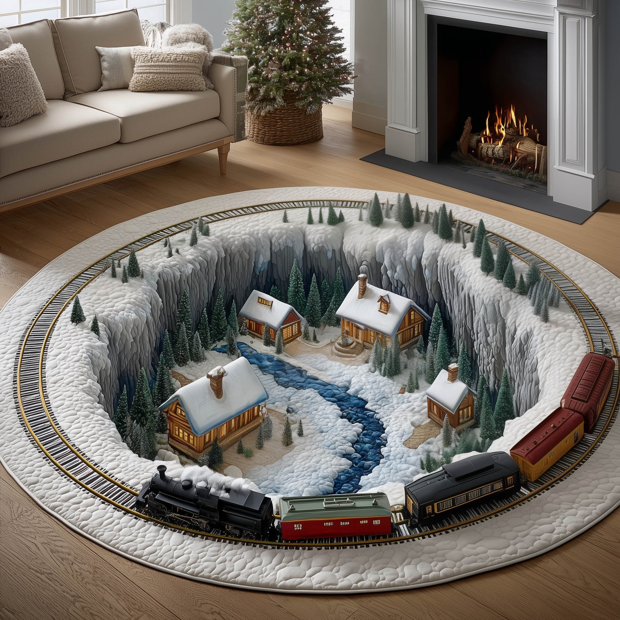 Village Trip Quilted Round Mat Non-Slip Quilted Round Mat for Safety and Style