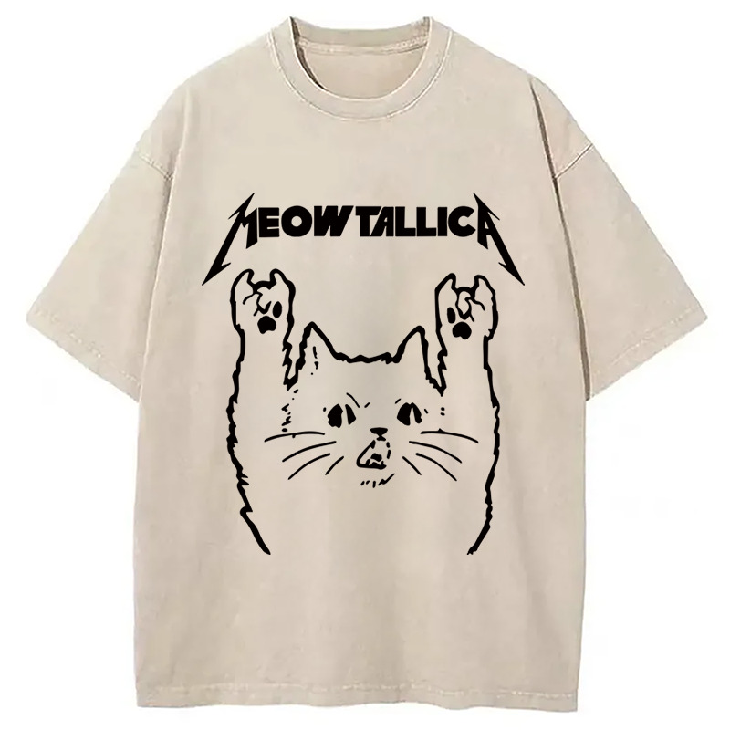 Vintage Album Cat Meowtallica Japan Washed T-Shirt Cool Urban Street Style Shirt Gifts For Brother