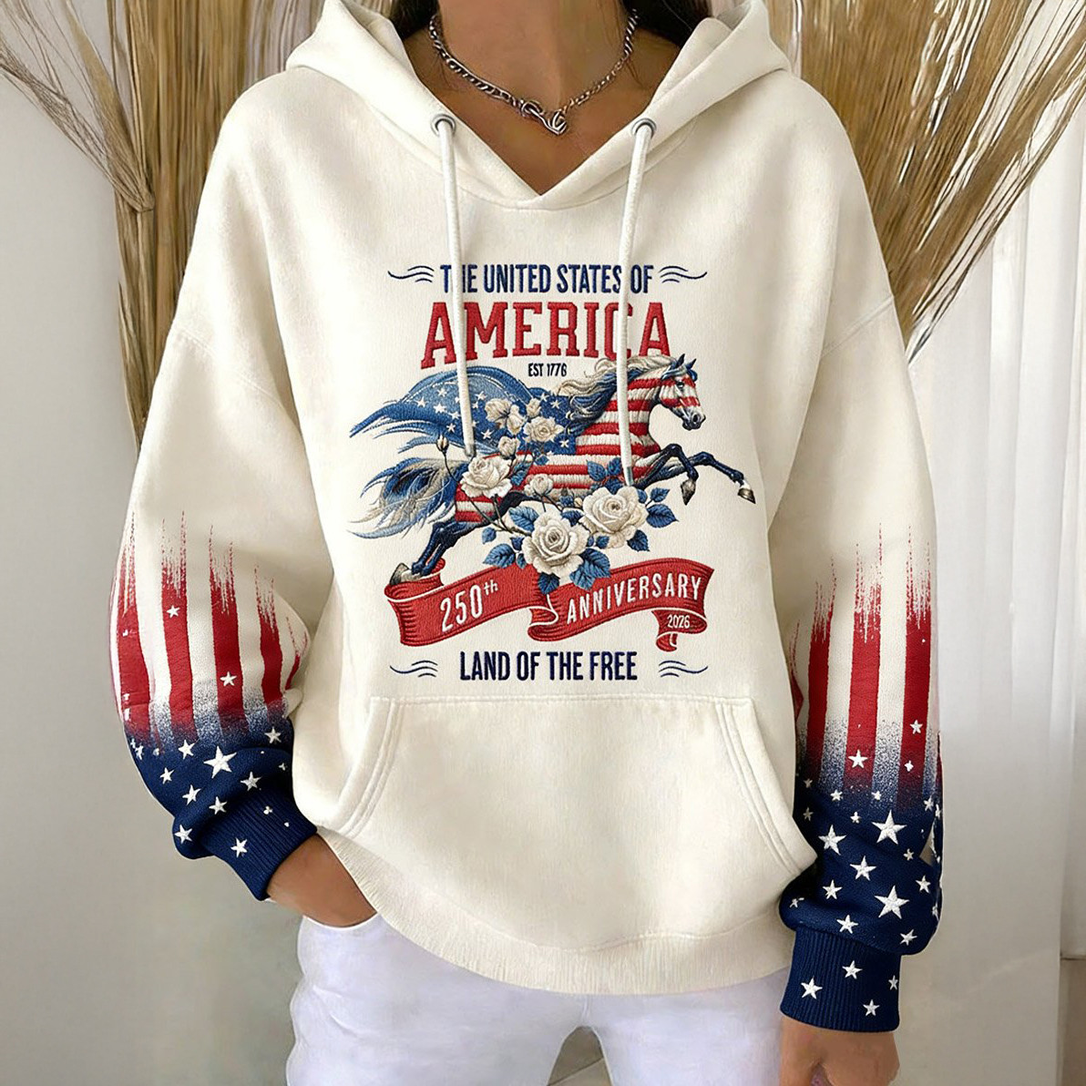 Vintage American 250th Anniversary 1776 2026 Patriotic Horse Hoodie Land Of Free Apparel
