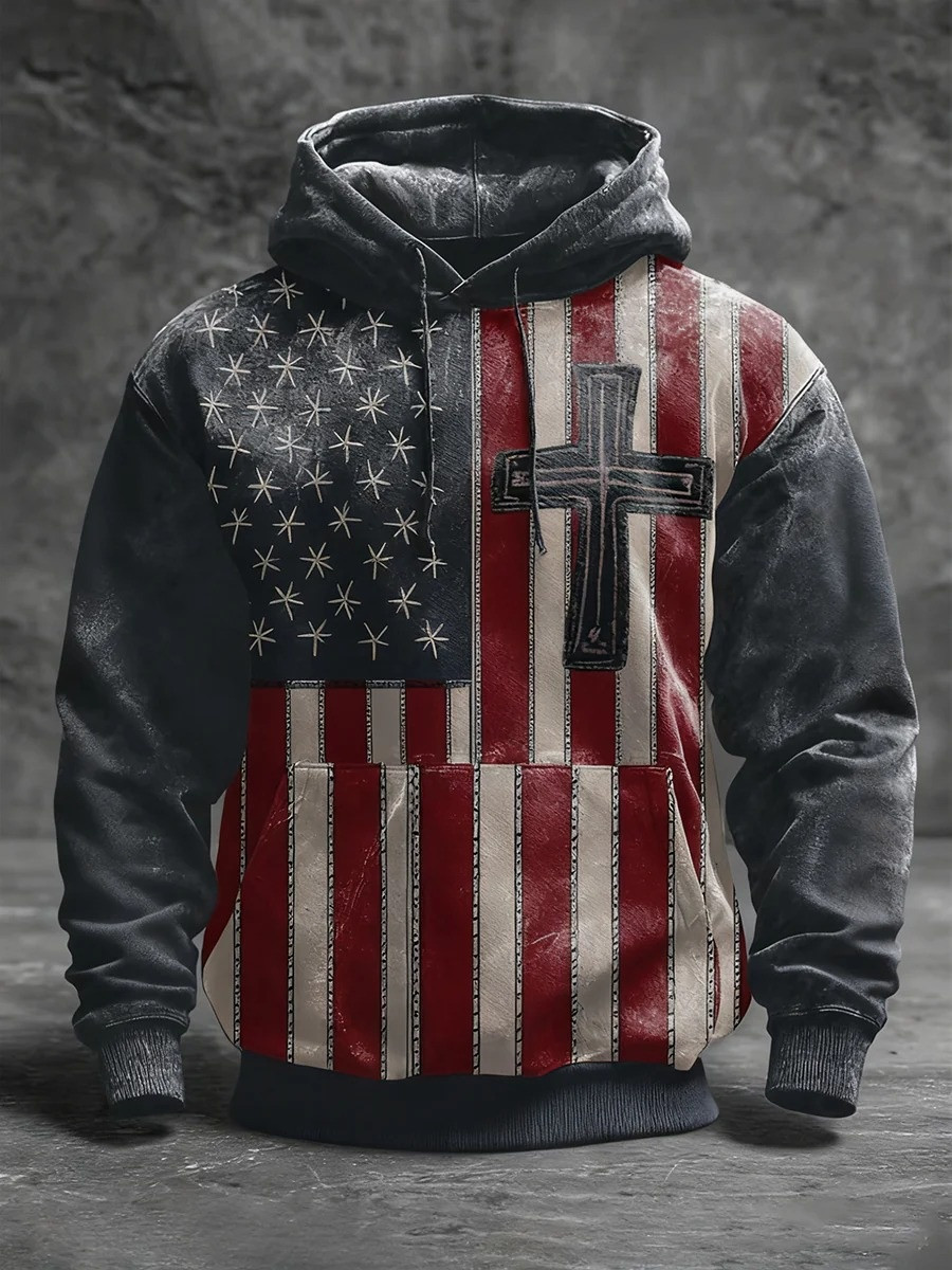 Vintage American Cross Christian Graphic Hoodie Men Patriot Faith Apparel Gift For Believers