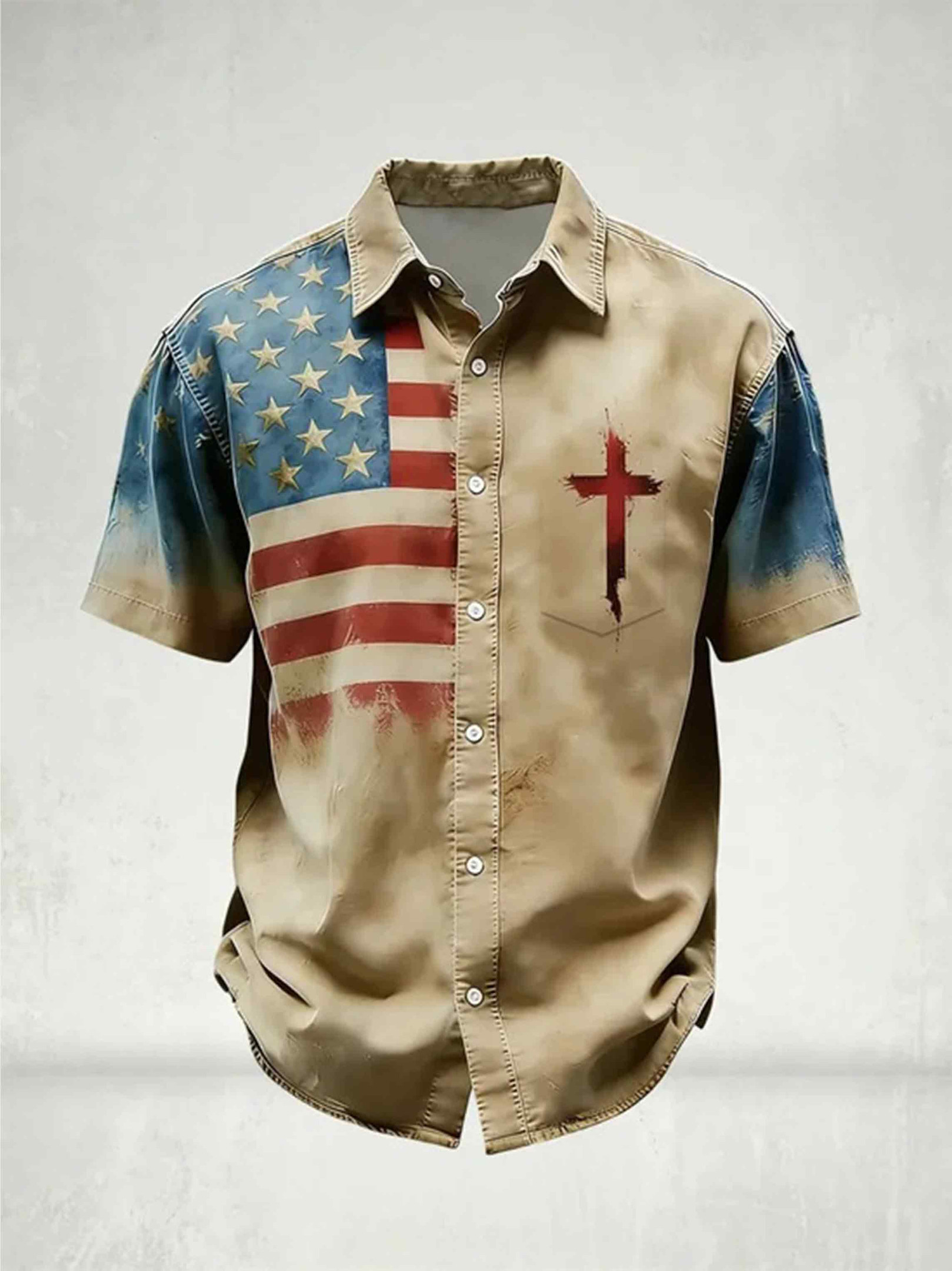 Vintage American Flag Christian Cross Button Shirt In God We Trust Apparel Gifts For Him