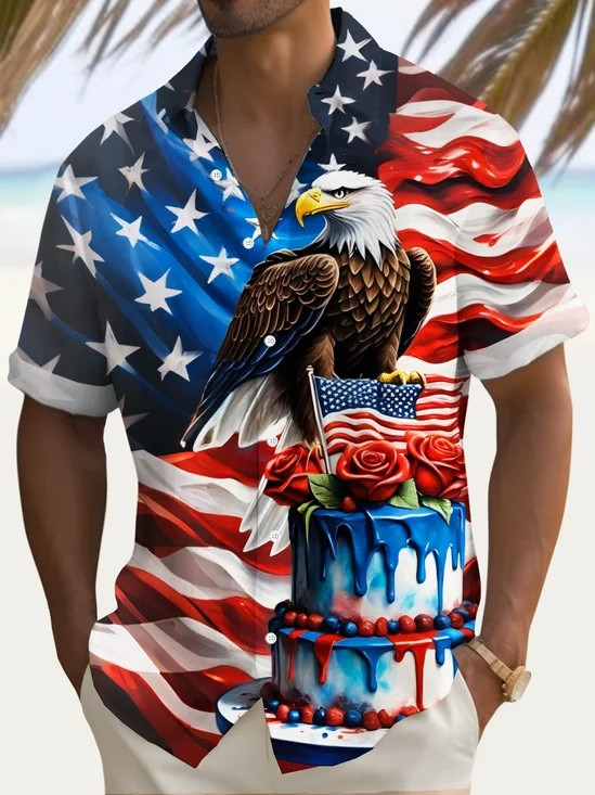 Vintage American Flag Eagle Cake Hawaiian Button Shirt 4Th Of July Merch Gift For Men