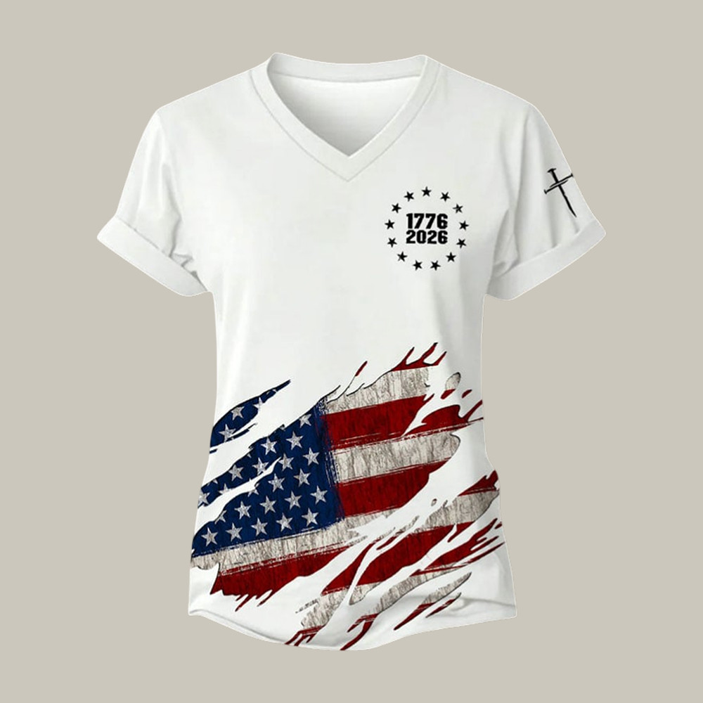 Vintage American Flag Faith V-Neck Shirt Fourth Of July Clothes Patriotic Gift Ideas