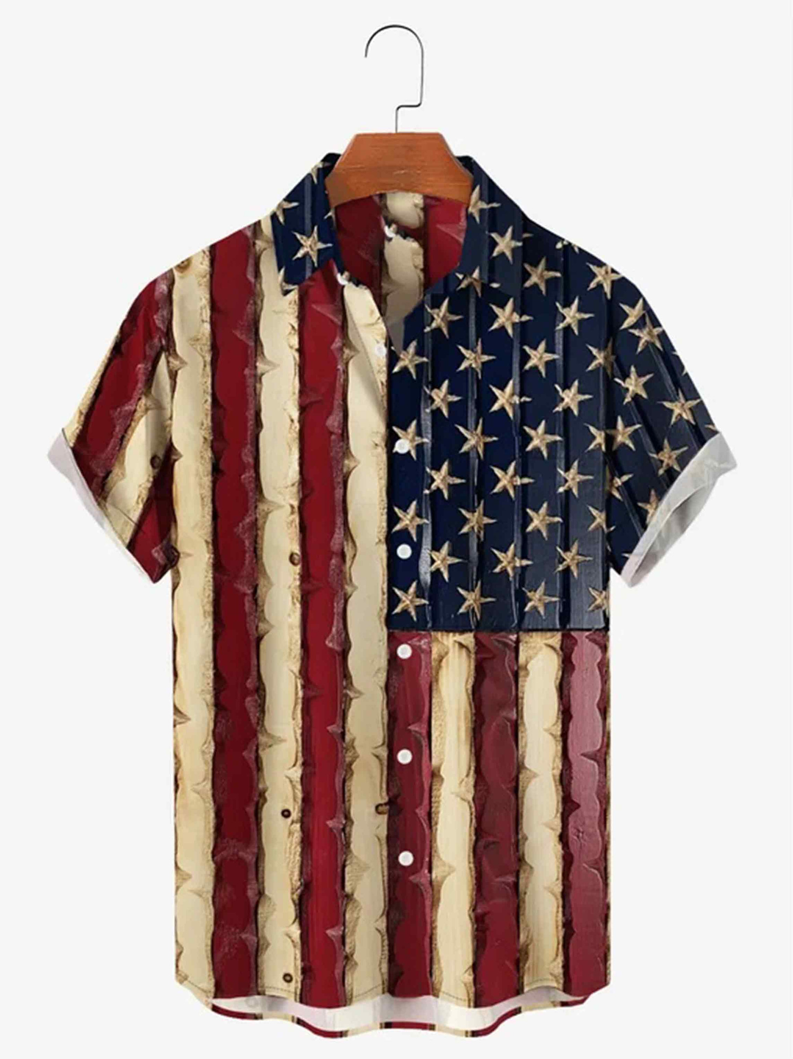 Vintage American Flag Hawaiian Button Shirt Independence Day Clothing Patriotic Gift For Him