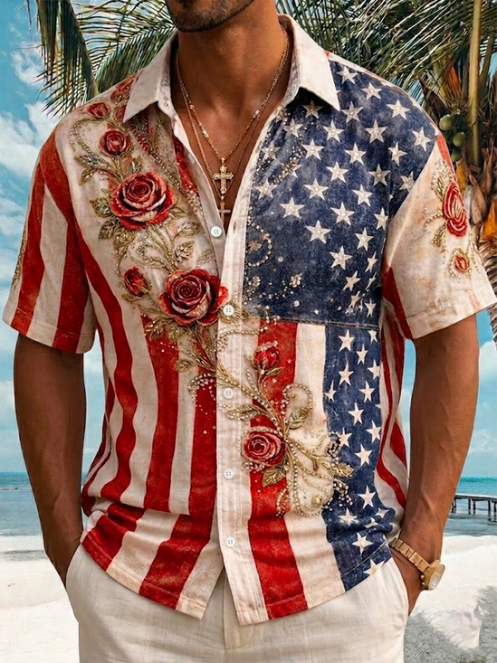 Vintage American Flag Rose Hawaiian Shirt We The People Clothing Gift For Him