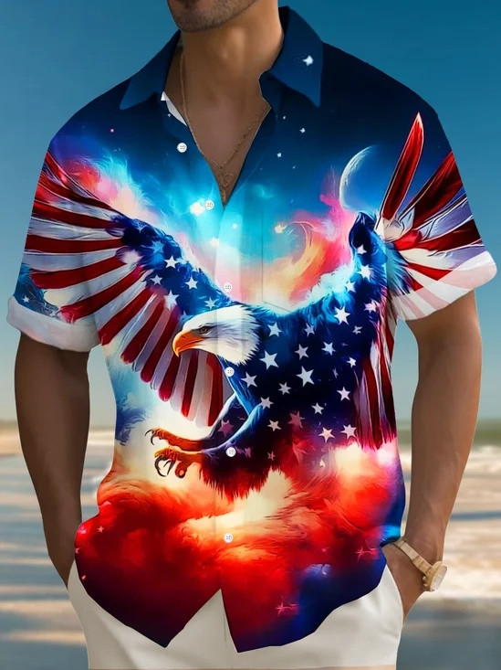 Vintage American Majestic Eagle Wing Cake Hawaiian Button Shirt 4Th Of July Clothing Gift Ideas