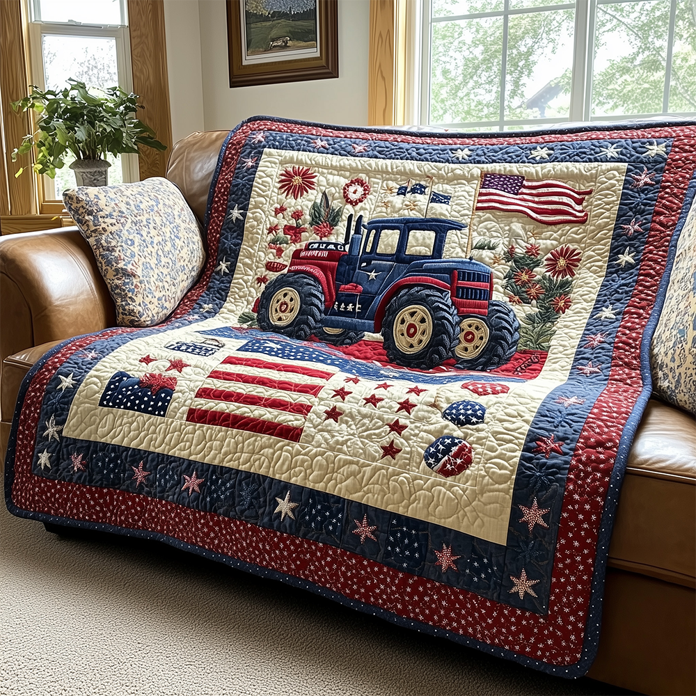 Vintage American Tractor Quilted Blanket Patriotic Farmhouse Style Farmer Tractor Gifts For Him