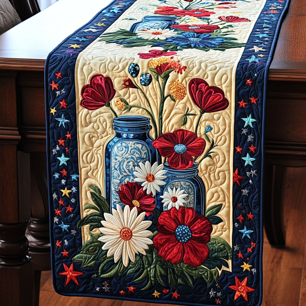 Vintage Americana Blossoms Quilted Table Runner Kitchen Table Decor Ideas Unique Patriotic Gifts