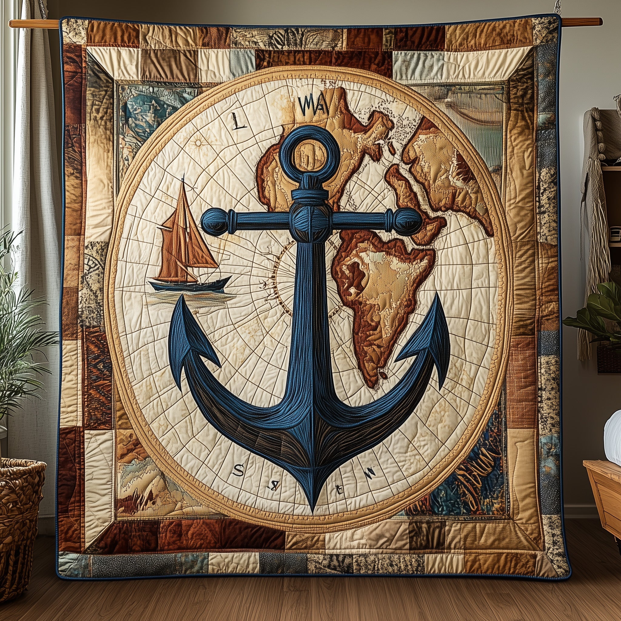 Vintage Anchor World Map Quilted Blanket Nautical Compass Gifts With Anchors On Them