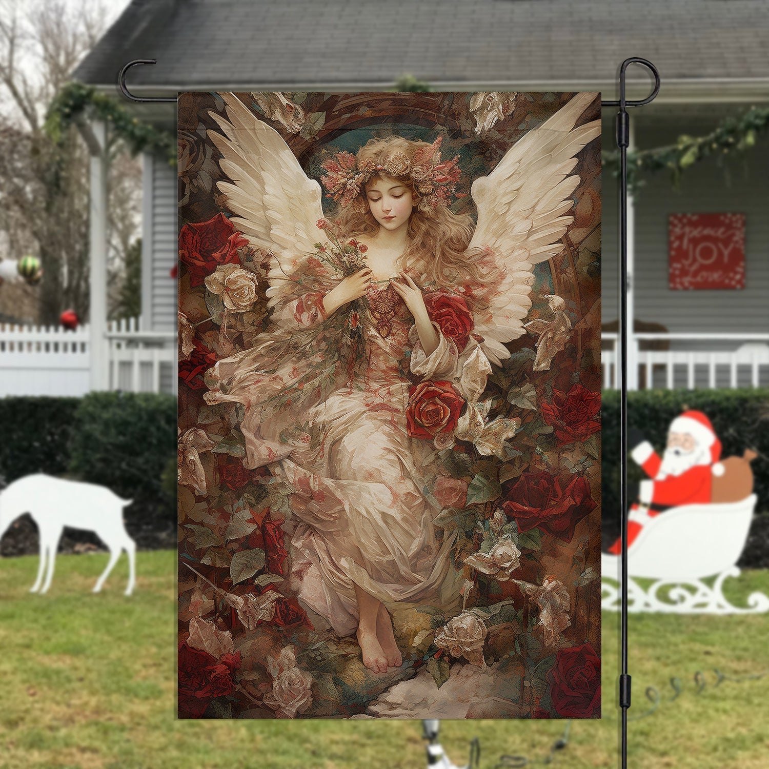 Vintage Angel With Heart Christmas Flag Red Rose Vibe Xmas Garden Flag For Angel Lovers