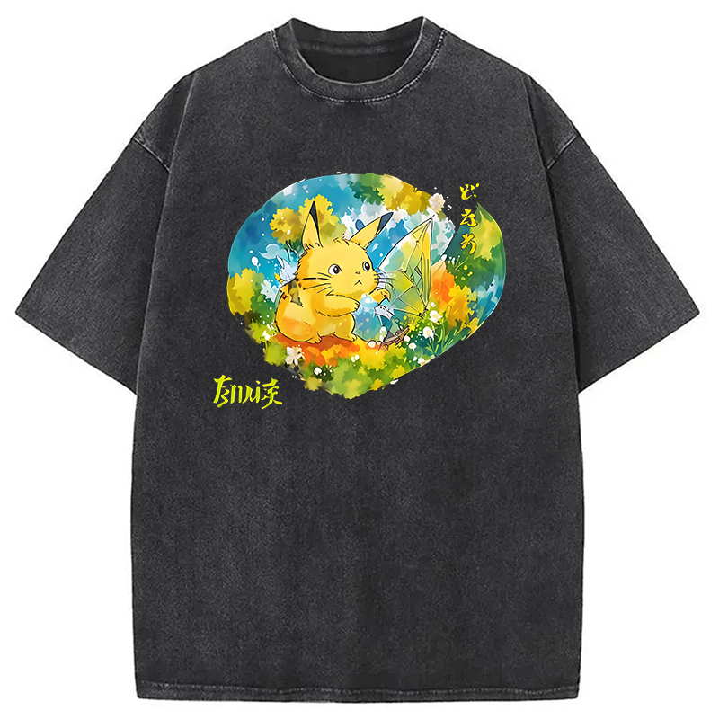 Vintage Anime Pikachu Washed T-Shirt Retro Humor Graphic Top Gifts For Brother