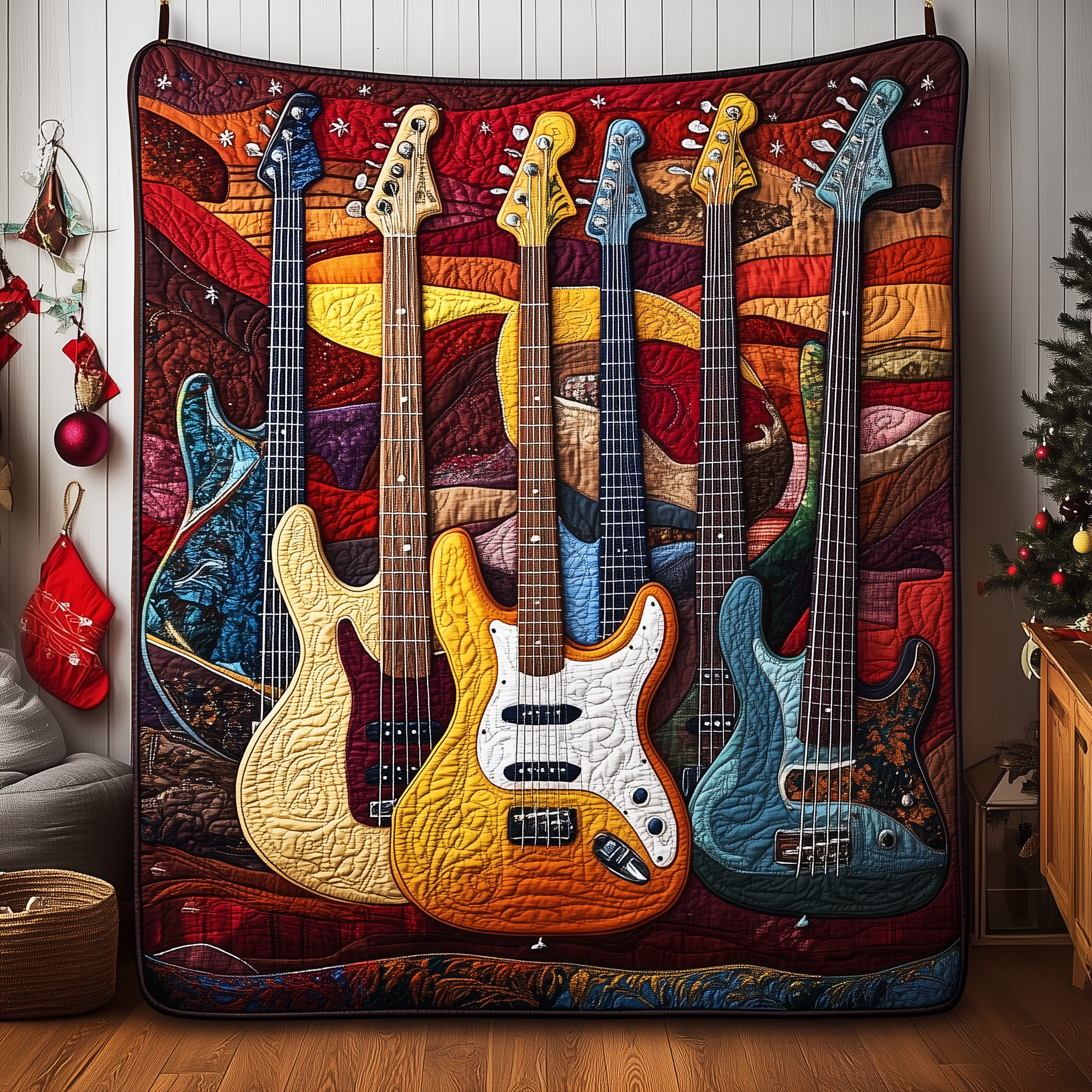 Vintage Bass Guitars Quilted Blanket Christmas Throw Blanket Christmas Gift Ideas For Guitarists