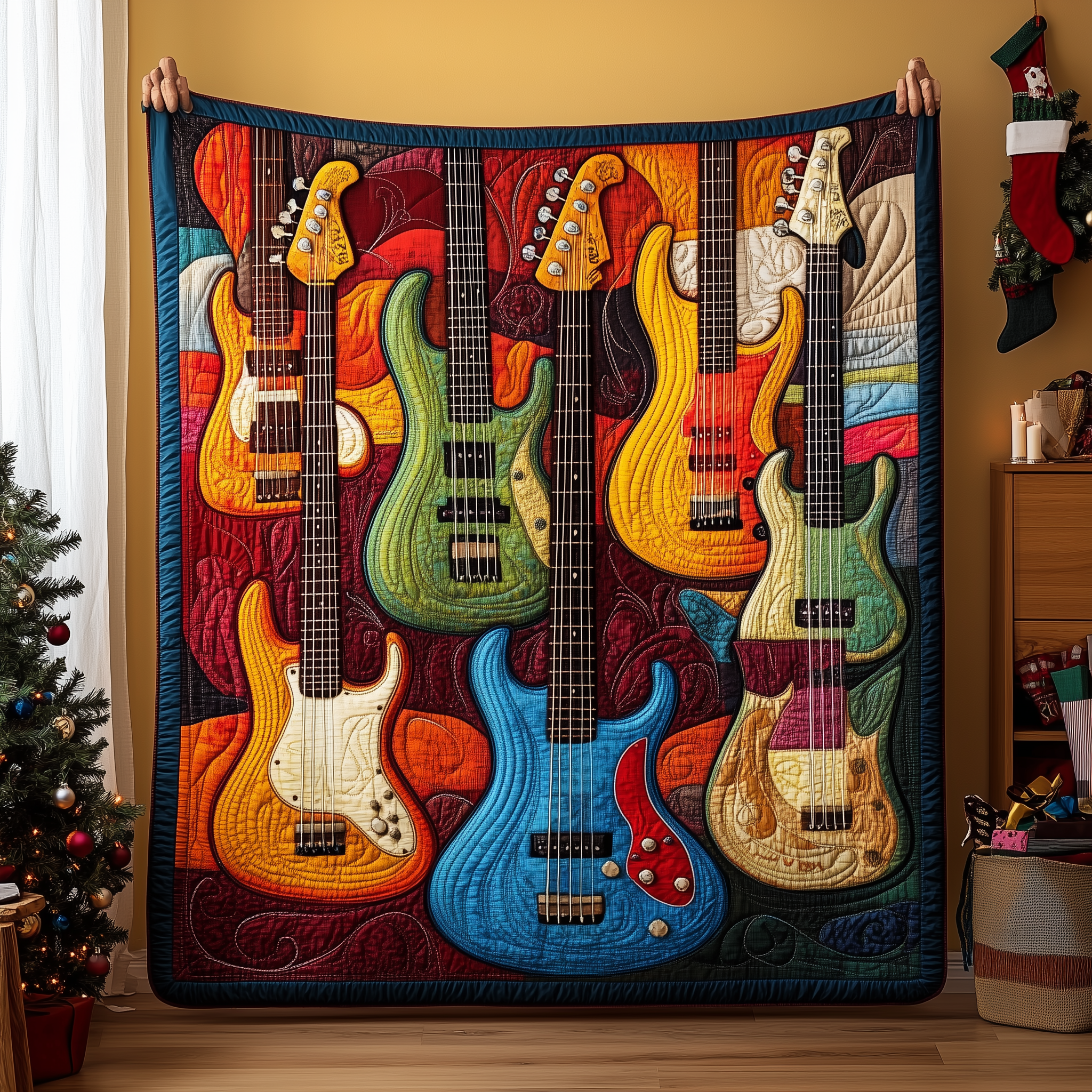 Vintage Bass Guitars Quilted Blanket Christmas Throw Blanket Xmas Gifts For Guitar Players
