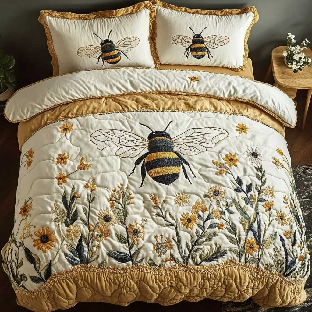 Vintage Bee Quilt Bedding Set King Size Comforter Nature Gift for Garden Lovers