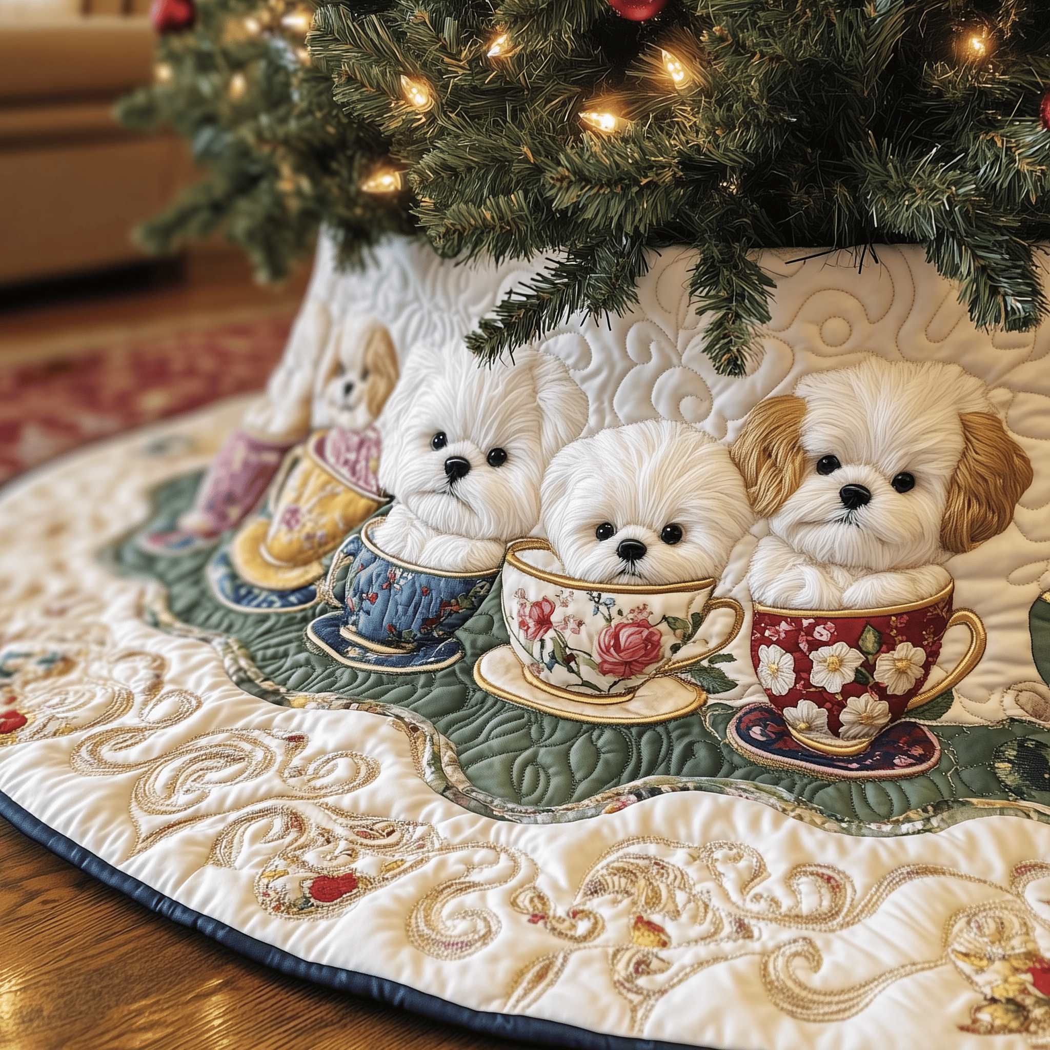 Vintage Bichon Frise in Teacup Quilted Tree Skirt Christmas Tree Skirt Presents For Mum Christmas