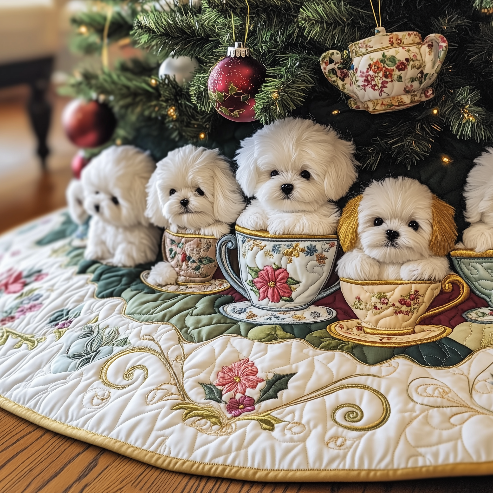 Vintage Bichon Frise In Teacup Quilted Tree Skirt Holiday Tree Skirt Must-Have Perfect Christmas Gift Merch