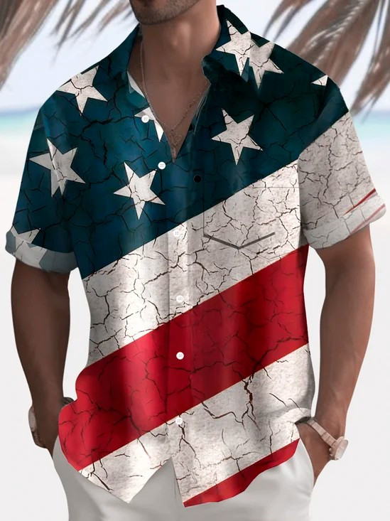 Vintage Big Stars And Stripes Hawaiian Button Shirt Summer Vacation Clothing Gift For Men