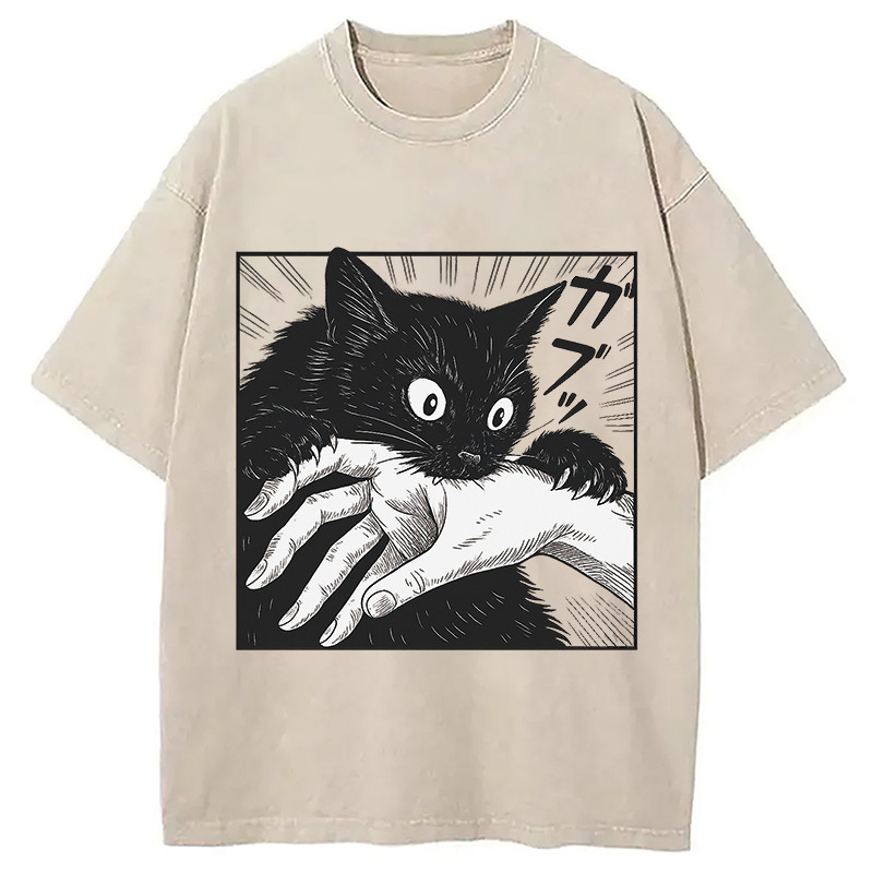 Vintage Black Cat Bite Washed T-Shirt Casual Vintage Everyday Look Gifts For Brother