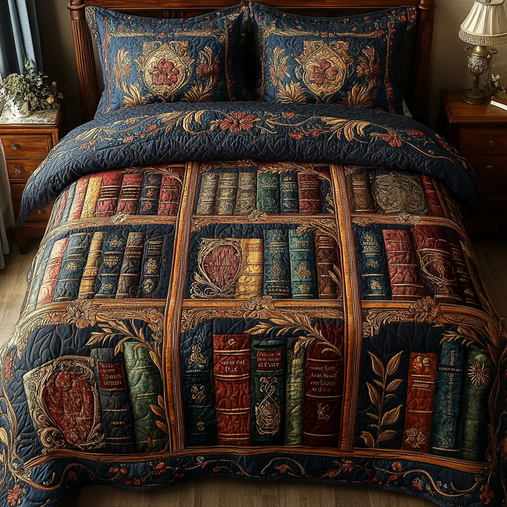 Vintage Bookshelf Elegance Quilted Bedding Set Holiday Duvet Cover Set Great Book Lover Presents