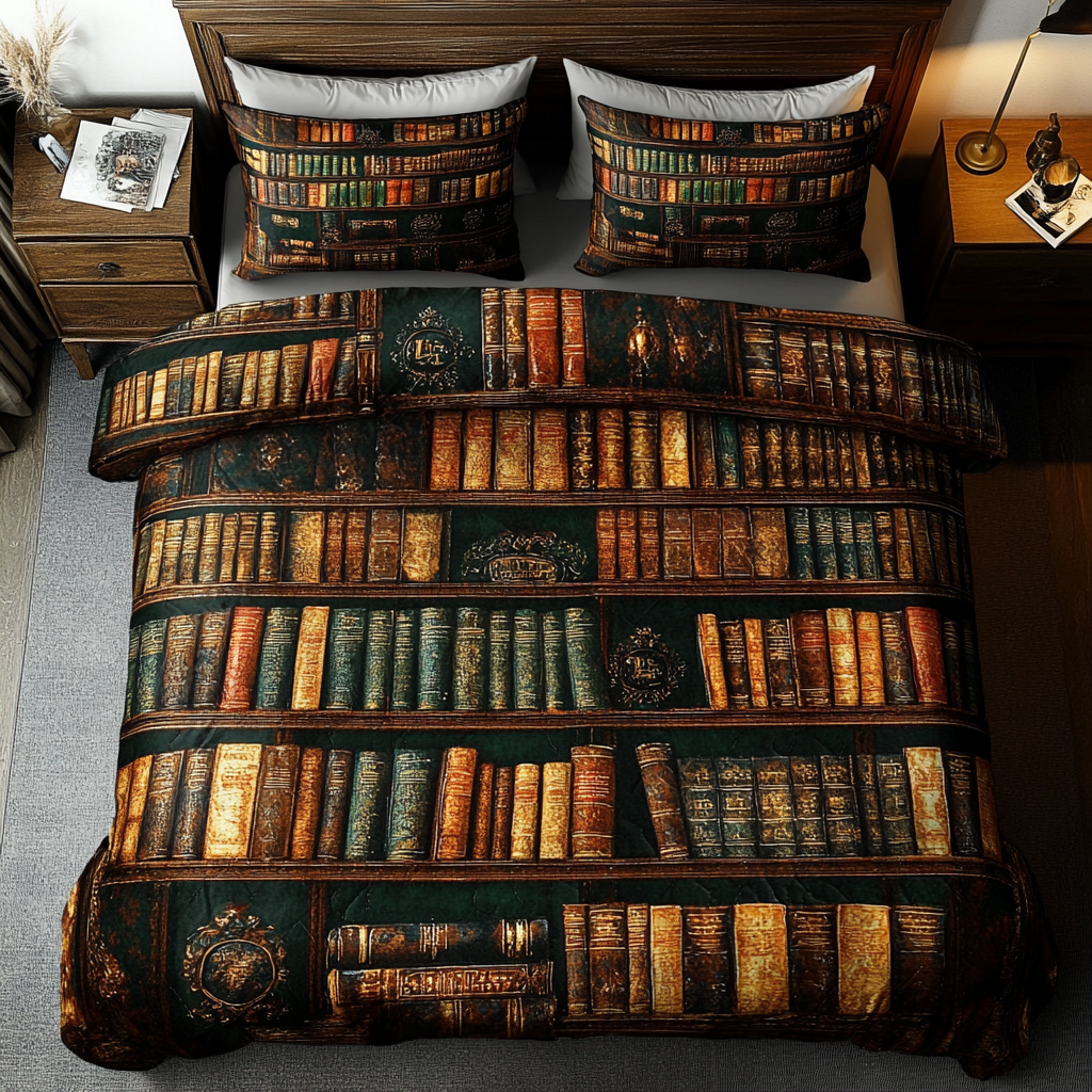 Vintage Bookshelf Quilted Bedding Set Duvet Cover Bedspread Bedroom Decor Gifts For Husband