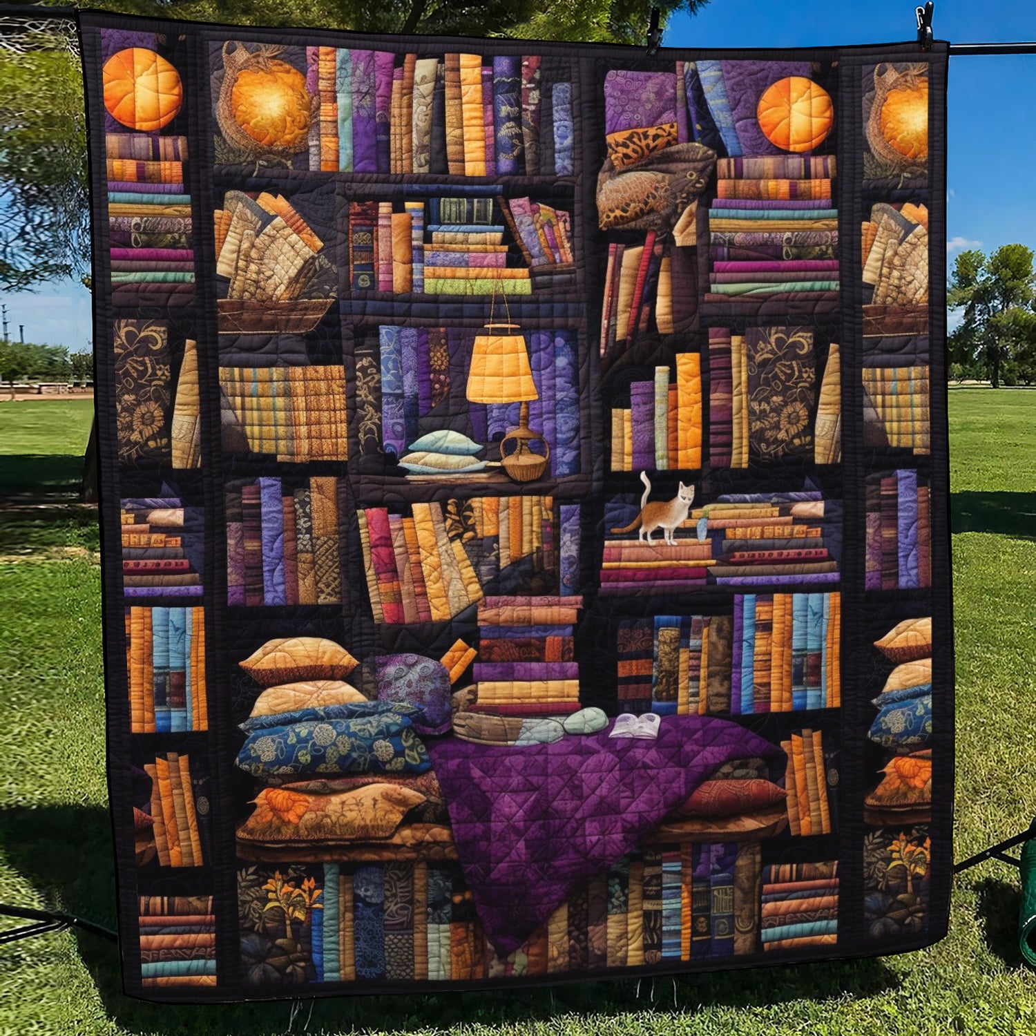 Vintage Bookshelf Quilted Blanket Gifts For Cat Owners