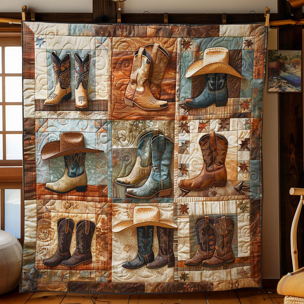 Vintage Boot And Hat Xmas Quilted Blanket Blanket Cowboy Christmas Gift For Friends