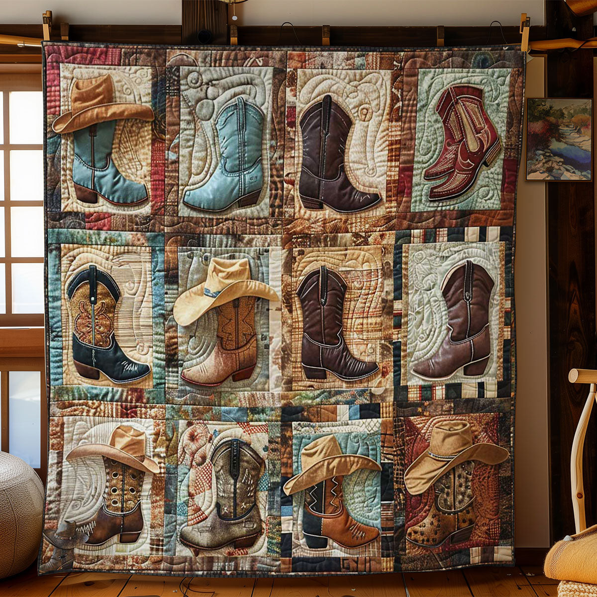 Vintage Boot And Hat Xmas Quilted Blanket Blanket Cowboy Christmas Gift For Husband