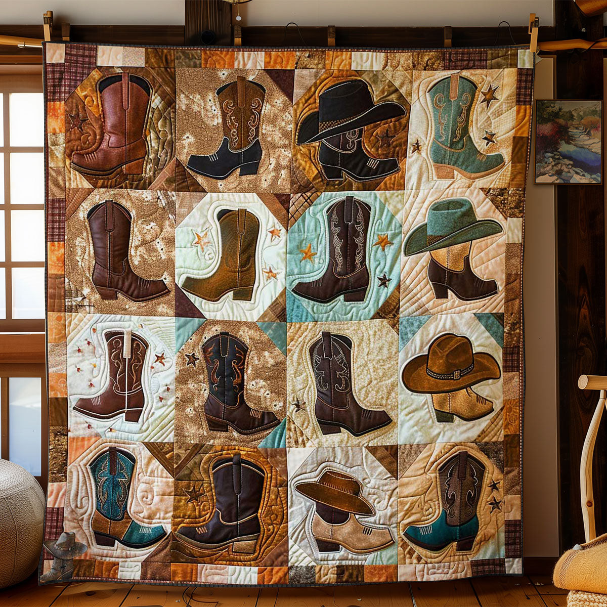 Vintage Boot And Hat Xmas Quilted Blanket Blanket Cowboy Gifts For Women